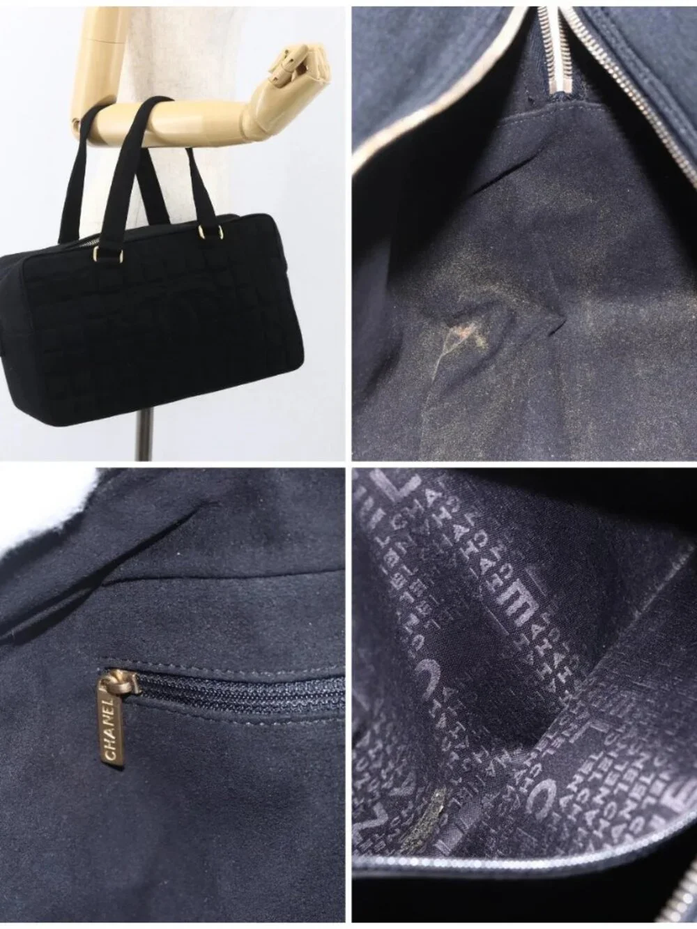 CHANEL Choco Bar Hand Bag Cotton Black Gold CC Auth 158843